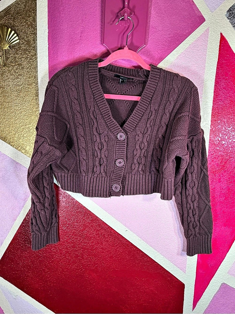 Forever 21 Small Plum Cropped Cable Knit Cardigan V-Neck Button Front Chunky